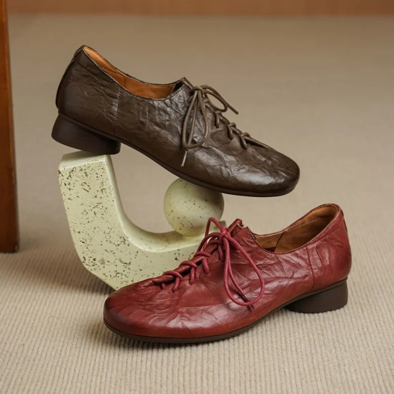 Women Shoes Winter - Elegante rode lederen damesloafers met veters,